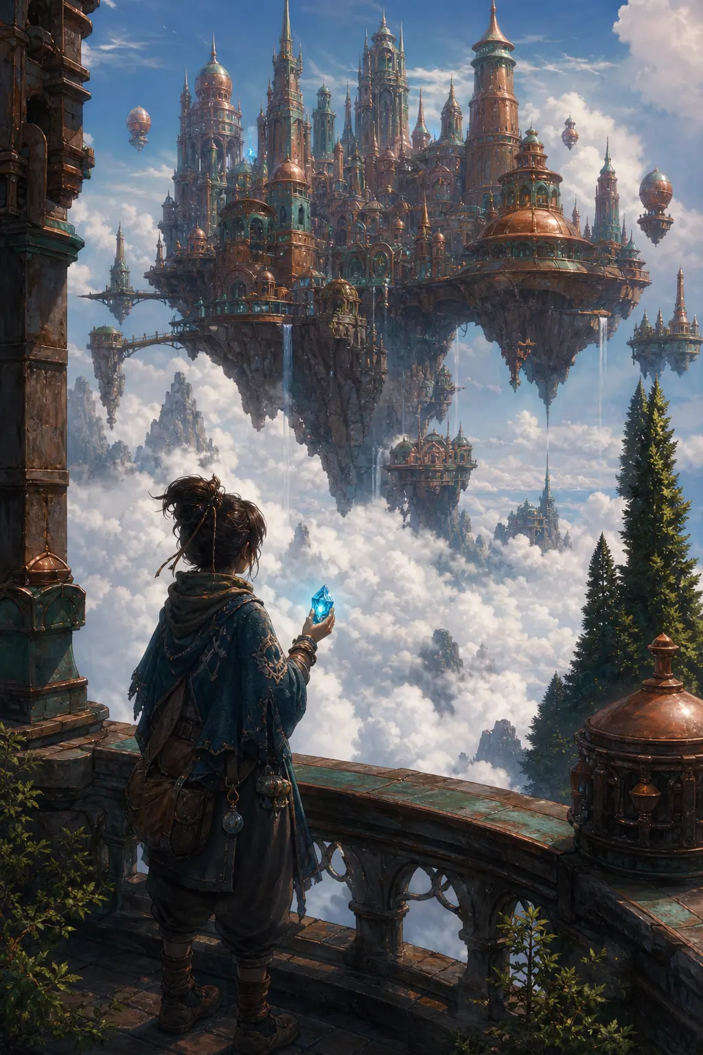 Illustration of a traveler holding a blue crystal while looking at a floating city