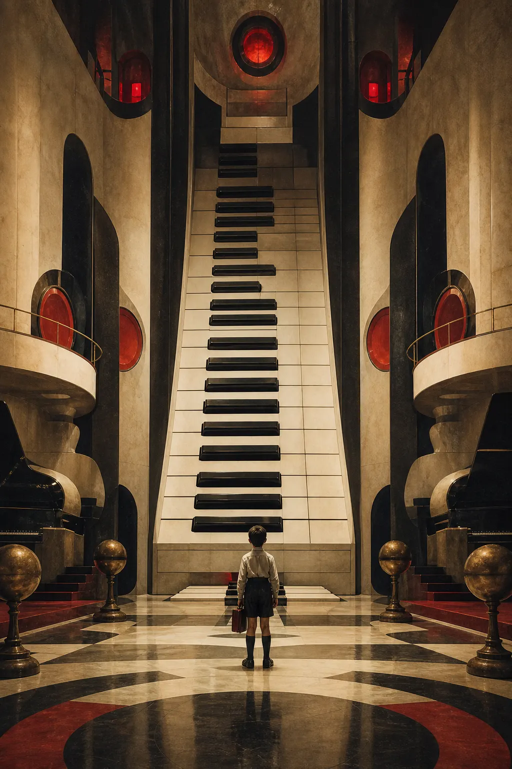 Illustration of a child facing a monumental piano inside a surreal academy